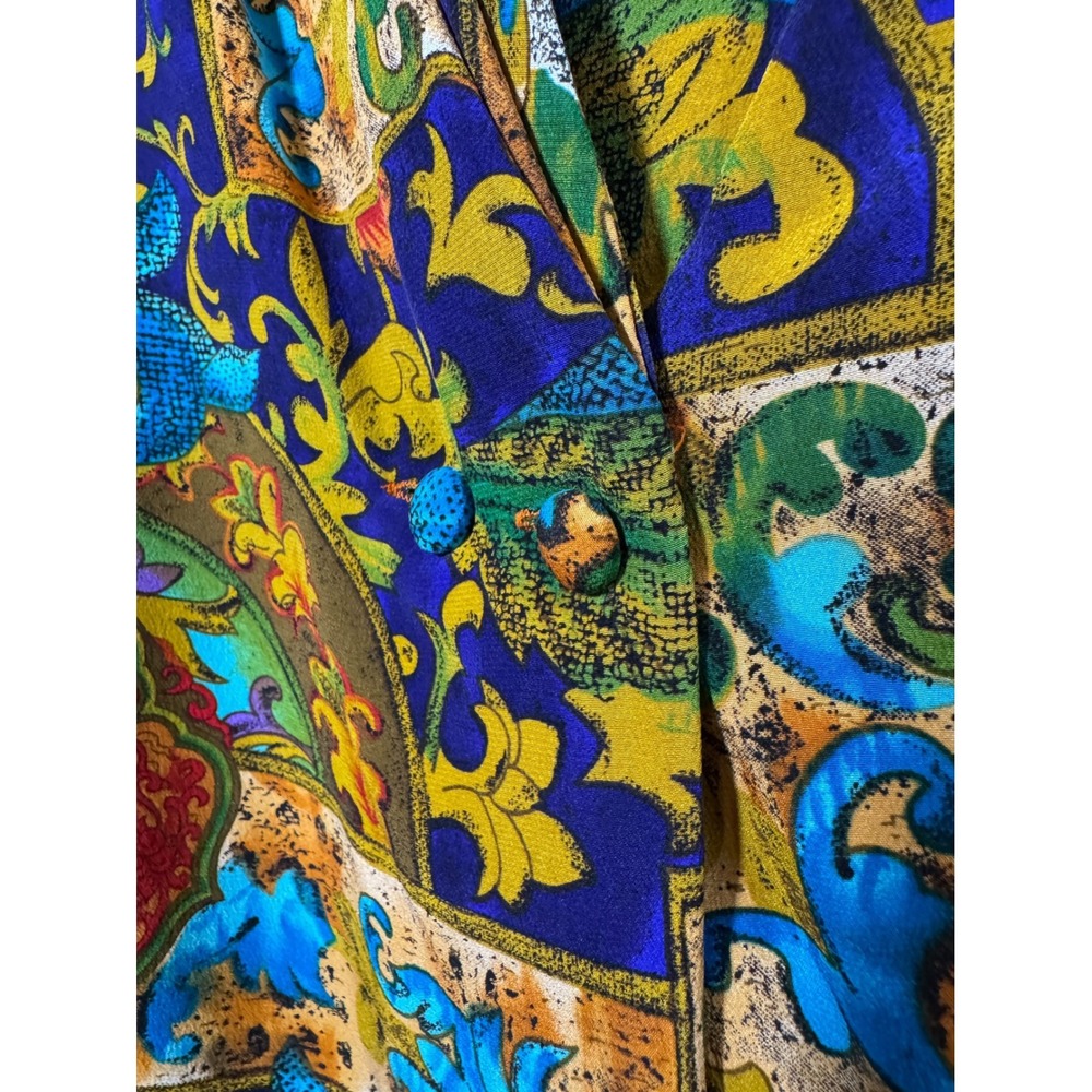 Vintage Bob Mackie Silk‎ Blouse Womens 6 Blue Baroque Floral Shawl Collar Top - Picture 5 of 11